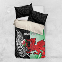 New Zealand and Wales Rugby Custom Bedding Set Aotearoa All Black Combine Welsh Dragon LT14 US Twin 172cm x 218cm Black - Polynesian Pride