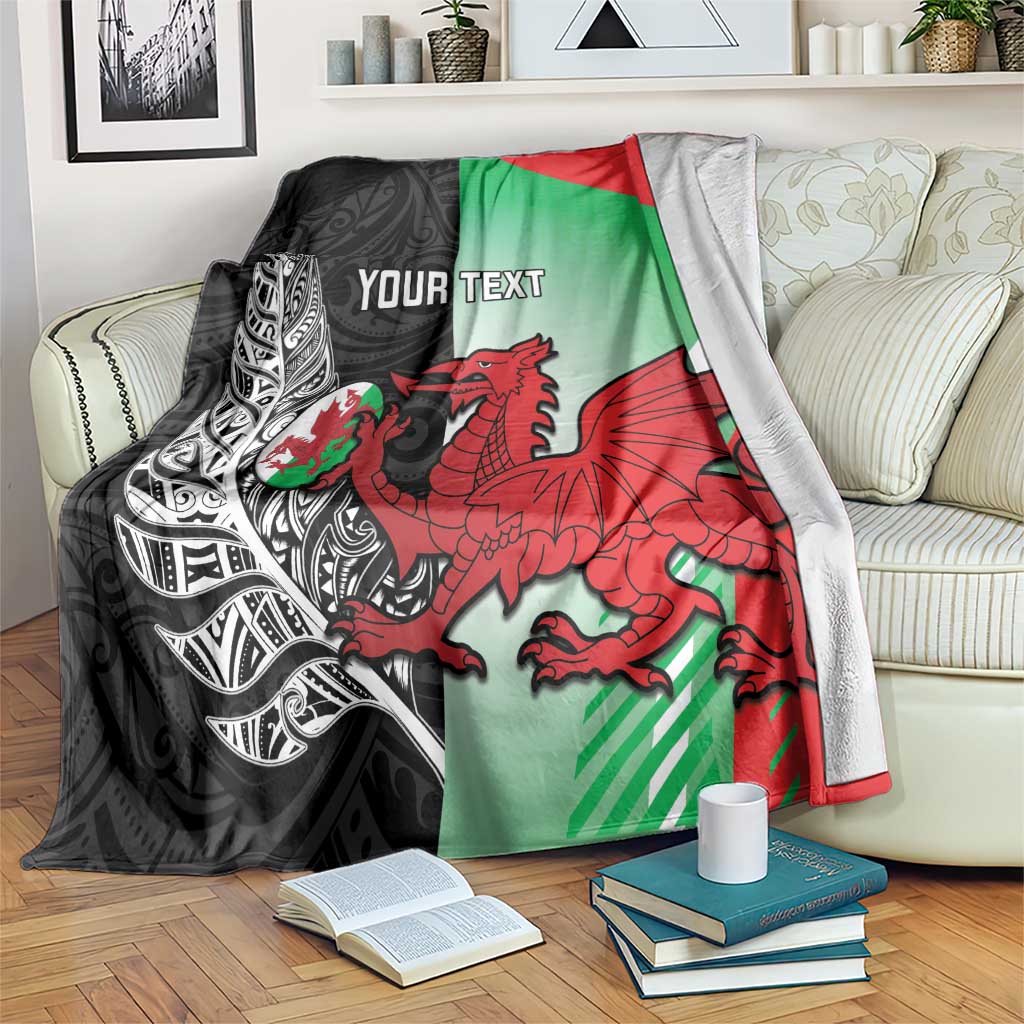 New Zealand and Wales Rugby Custom Blanket Aotearoa All Black Combine Welsh Dragon LT14 Black - Polynesian Pride