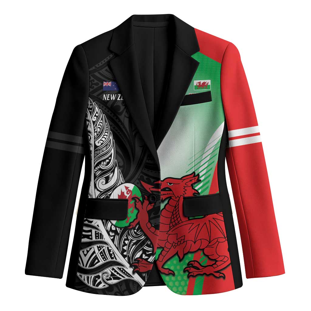New Zealand and Wales Rugby Custom Blazer Aotearoa All Black Combine Welsh Dragon LT14 Unisex Black - Polynesian Pride