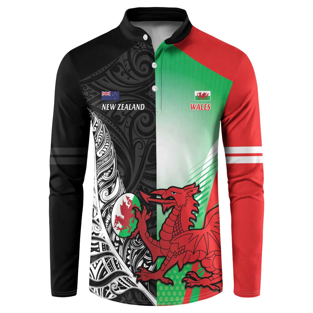 New Zealand and Wales Rugby Custom Button Sweatshirt Aotearoa All Black Combine Welsh Dragon LT14 Black - Polynesian Pride