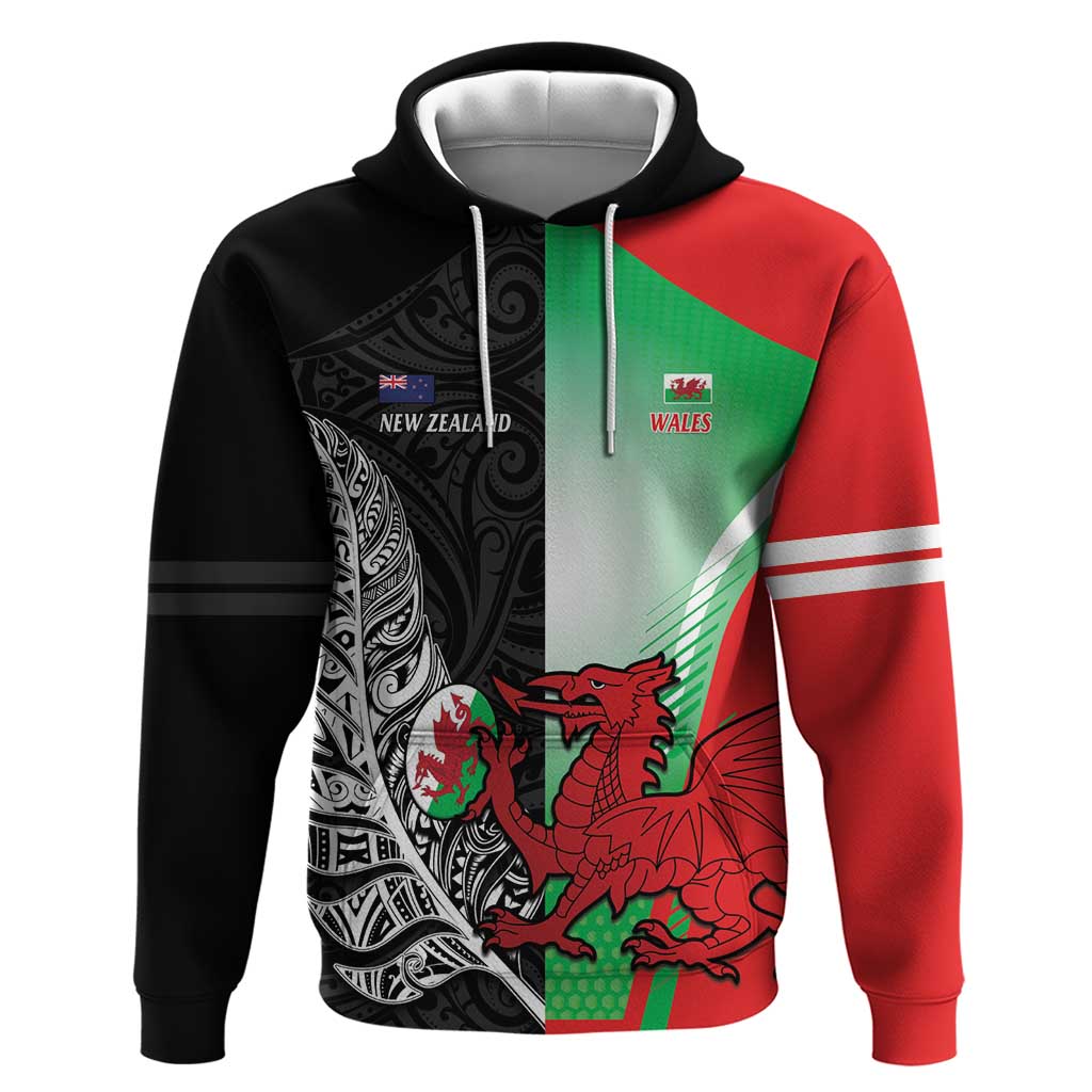 New Zealand and Wales Rugby Custom Hoodie Aotearoa All Black Combine Welsh Dragon LT14 Pullover Hoodie Black - Polynesian Pride