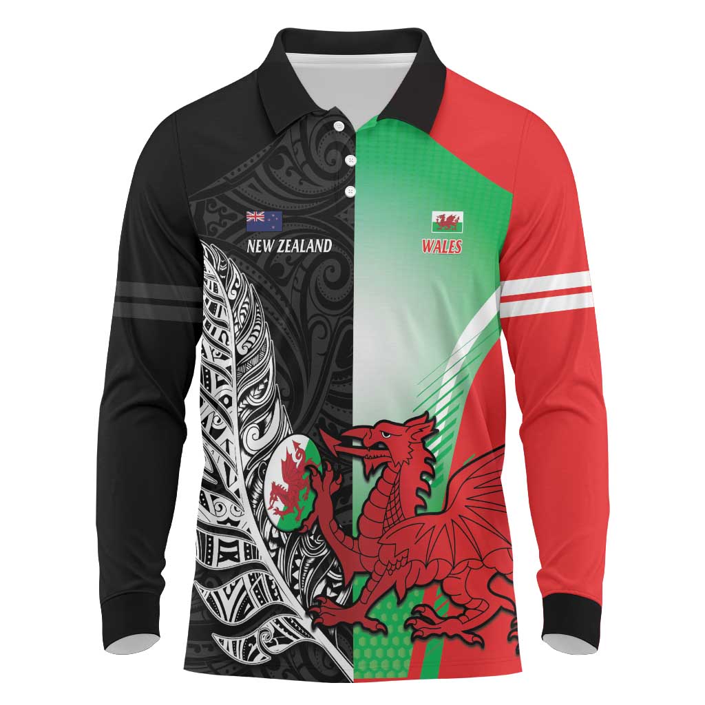 New Zealand and Wales Rugby Custom Long Sleeve Polo Shirt Aotearoa All Black Combine Welsh Dragon LT14 Black - Polynesian Pride