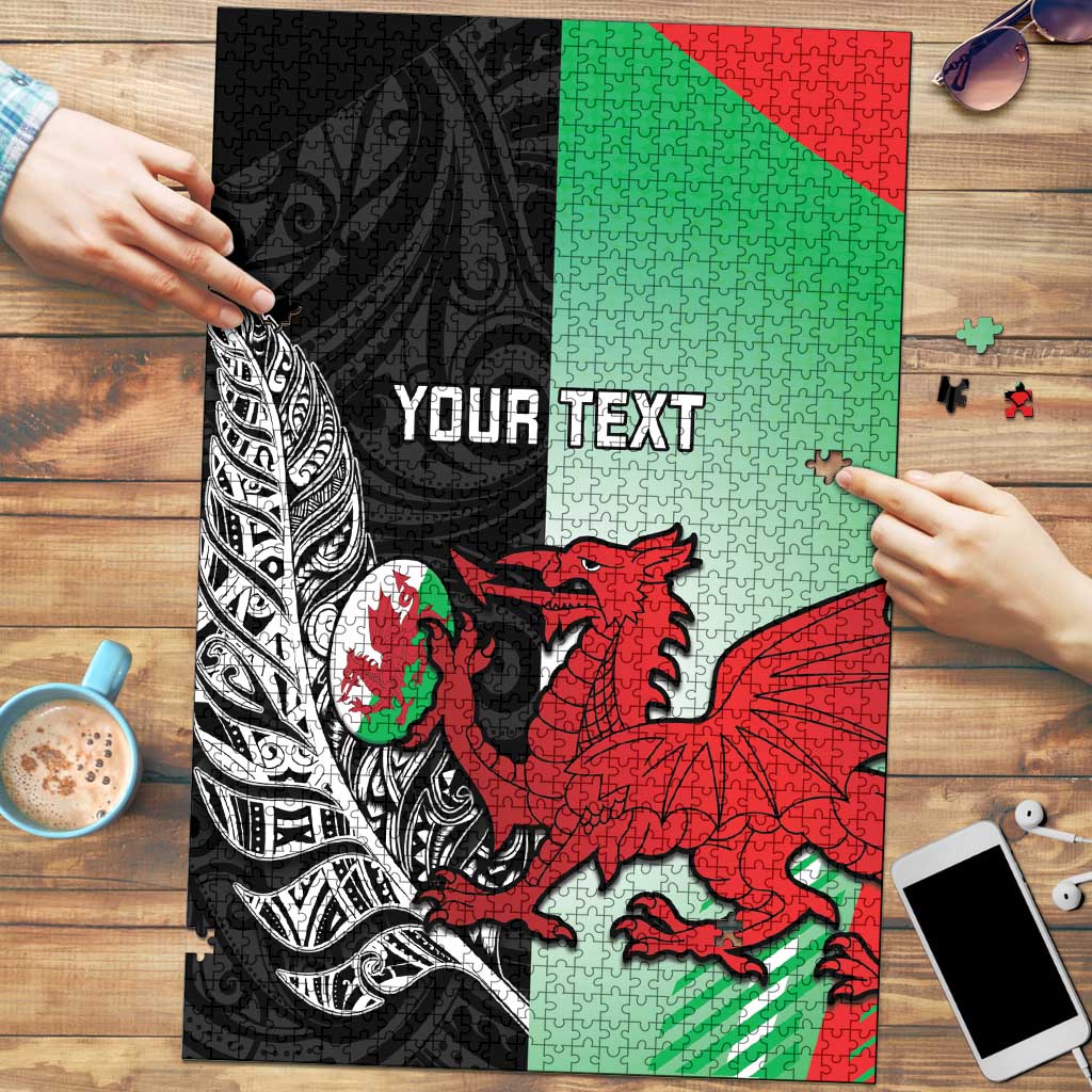 New Zealand and Wales Rugby Custom Puzzle Aotearoa All Black Combine Welsh Dragon LT14 Black - Polynesian Pride