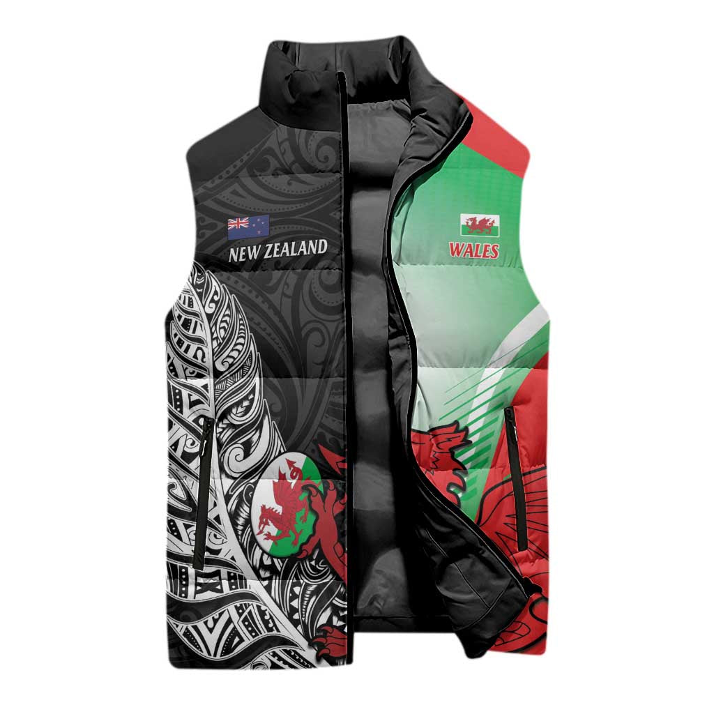 New Zealand and Wales Rugby Custom Sleeveless Puffer Jacket Aotearoa All Black Combine Welsh Dragon LT14 - Polynesian Pride