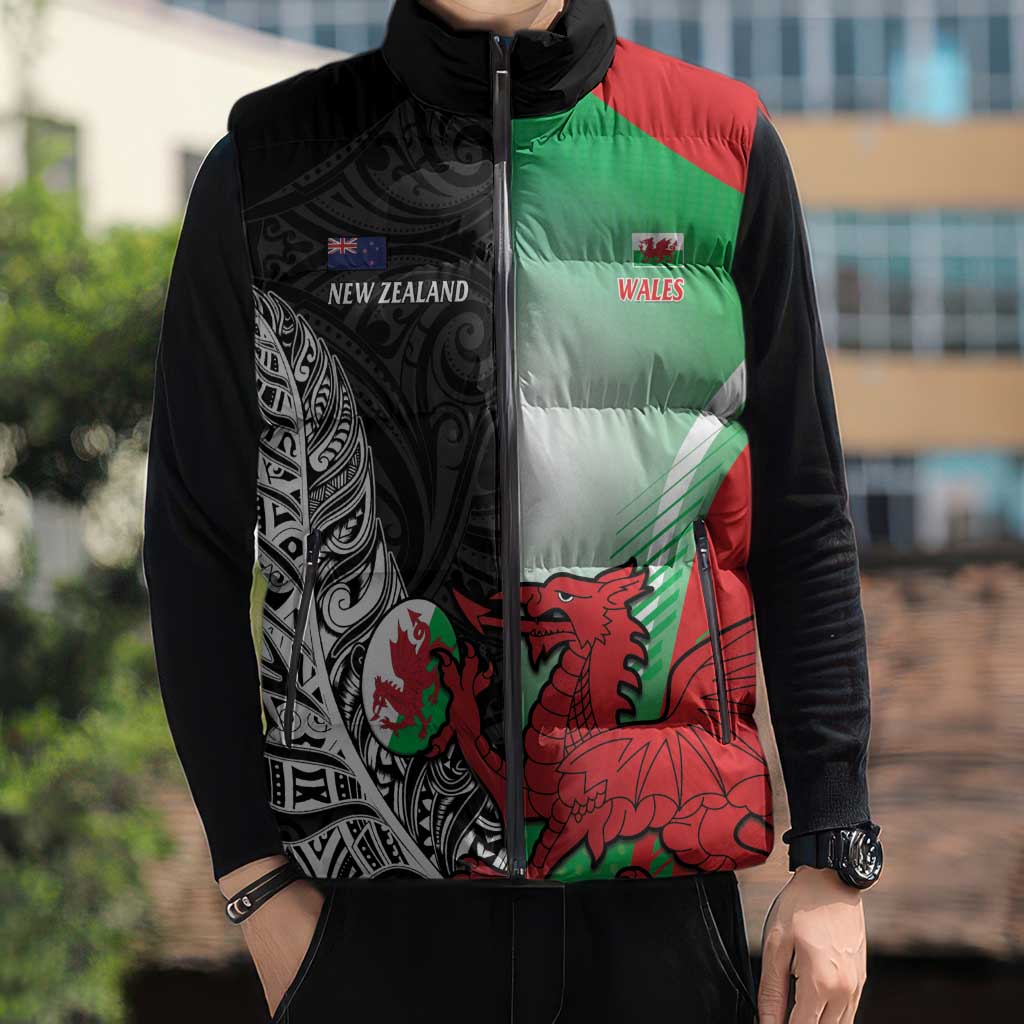 New Zealand and Wales Rugby Custom Sleeveless Puffer Jacket Aotearoa All Black Combine Welsh Dragon LT14 - Polynesian Pride