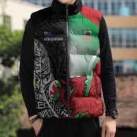 New Zealand and Wales Rugby Custom Sleeveless Puffer Jacket Aotearoa All Black Combine Welsh Dragon LT14 - Polynesian Pride