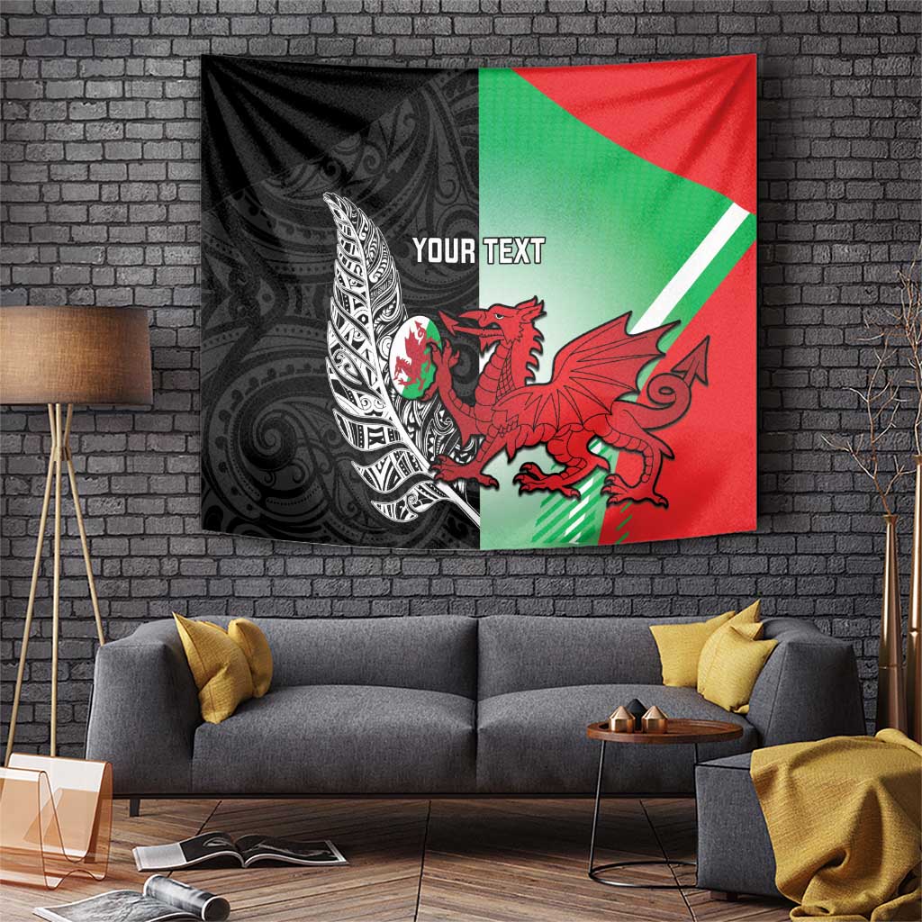 New Zealand and Wales Rugby Custom Tapestry Aotearoa All Black Combine Welsh Dragon LT14 Black - Polynesian Pride
