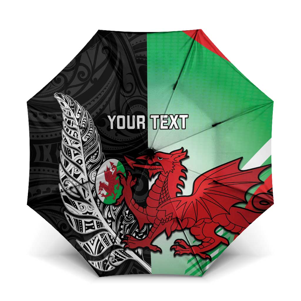 New Zealand and Wales Rugby Custom Umbrella Aotearoa All Black Combine Welsh Dragon LT14 One Size Folded 11.42 inch Opened Diameter 37.4 inch Black - Polynesian Pride