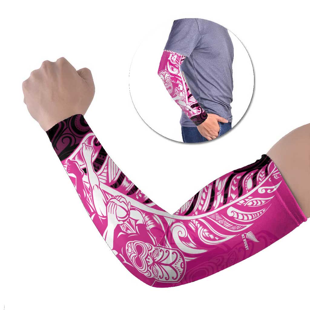 New Zealand Silver Fern Rugby Custom Arm Sleeves All Black Maori Pattern Pink LT14 Set of 2 Pink - Polynesian Pride