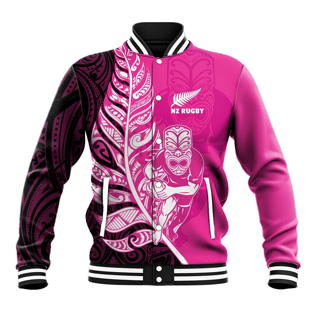 New Zealand Silver Fern Rugby Custom Baseball Jacket All Black Maori Pattern Pink LT14 Unisex Pink - Polynesian Pride
