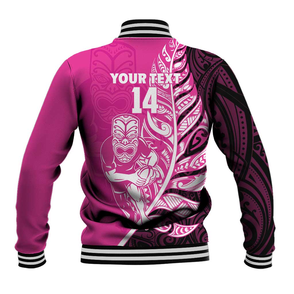 New Zealand Silver Fern Rugby Custom Baseball Jacket All Black Maori Pattern Pink LT14 - Polynesian Pride