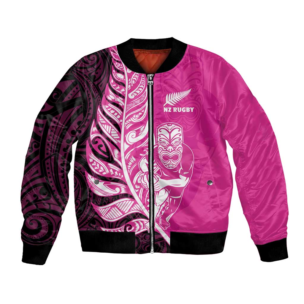 New Zealand Silver Fern Rugby Custom Bomber Jacket All Black Maori Pattern Pink LT14 Unisex Pink - Polynesian Pride