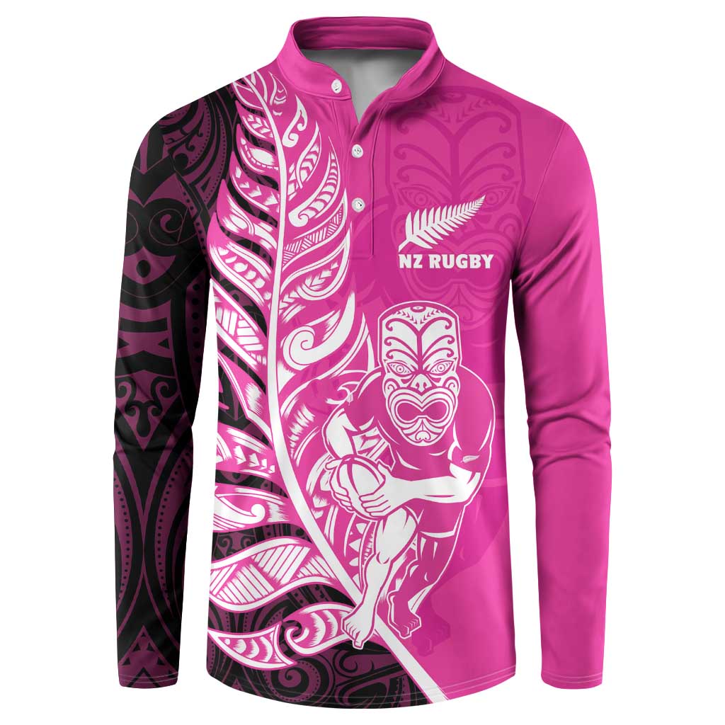 New Zealand Silver Fern Rugby Custom Button Sweatshirt All Black Maori Pattern Pink LT14 Pink - Polynesian Pride