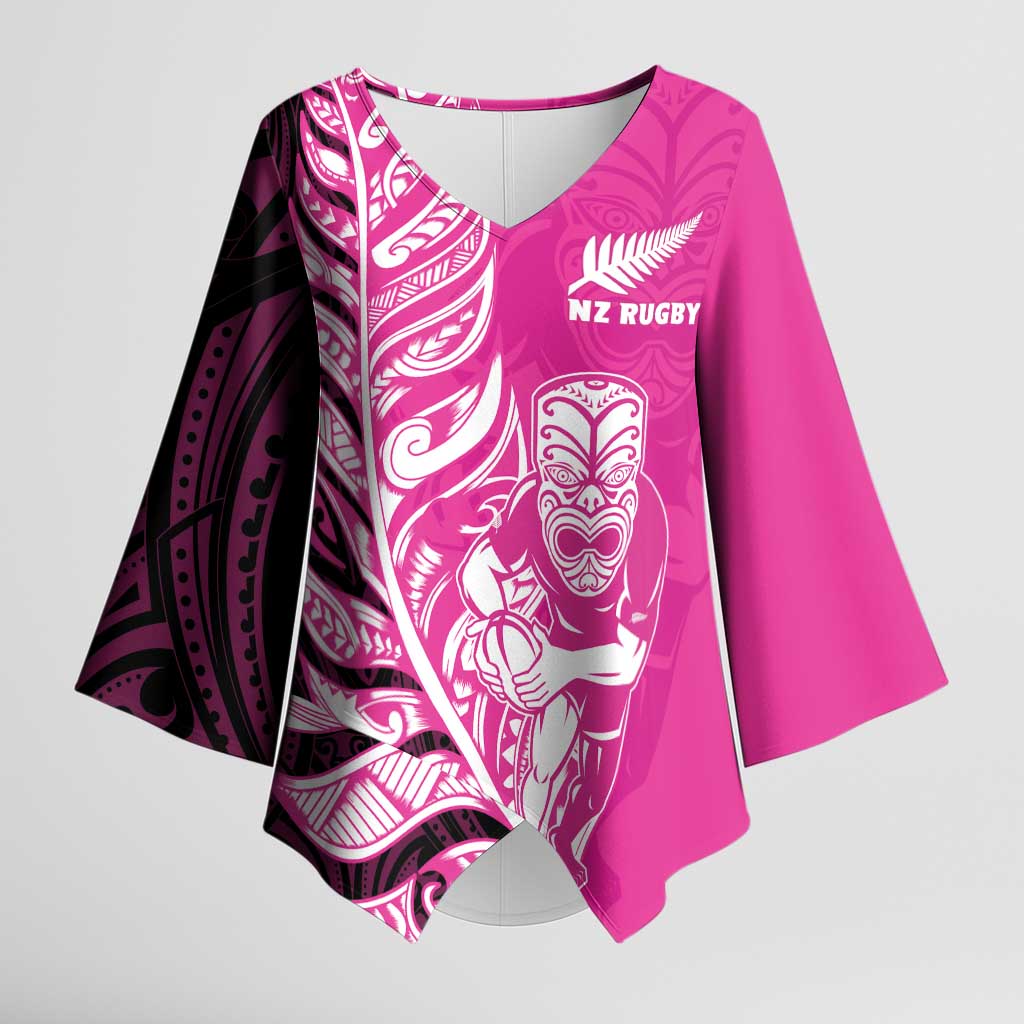 New Zealand Silver Fern Rugby Custom Kimono Sleeve Blouse All Black Maori Pattern Pink LT14 Female Pink - Polynesian Pride