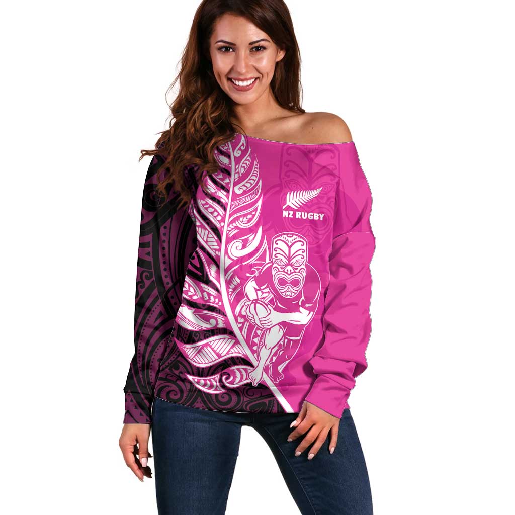 New Zealand Silver Fern Rugby Custom Off Shoulder Sweater All Black Maori Pattern Pink LT14 Women Pink - Polynesian Pride
