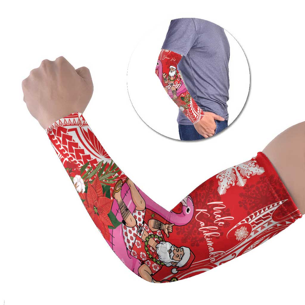 Personalized Hawaii Christmas Arm Sleeves Mele Kalikimaka Chilling Shaka Santa Flamingo LT14 Set of 2 Red - Polynesian Pride