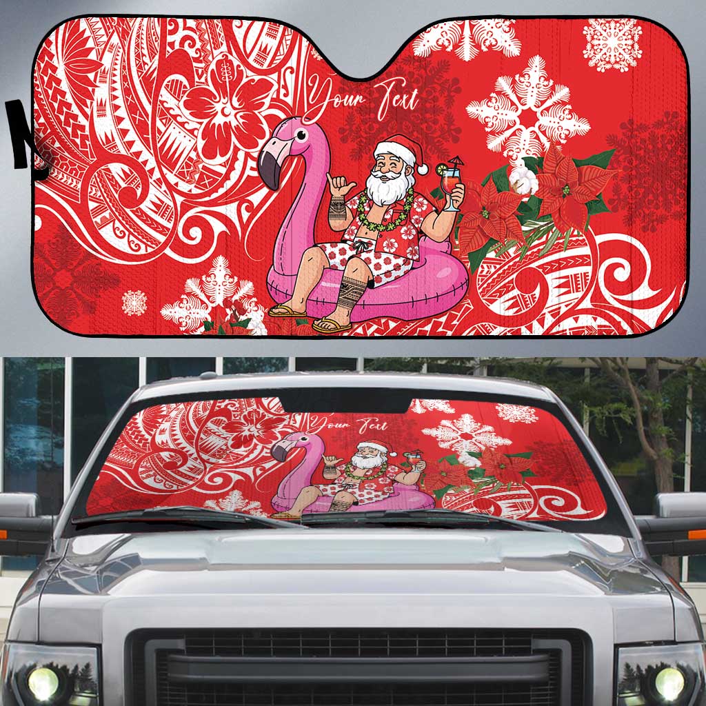 Personalized Hawaii Christmas Auto Sun Shade Mele Kalikimaka Chilling Shaka Santa Flamingo LT14 Red - Polynesian Pride