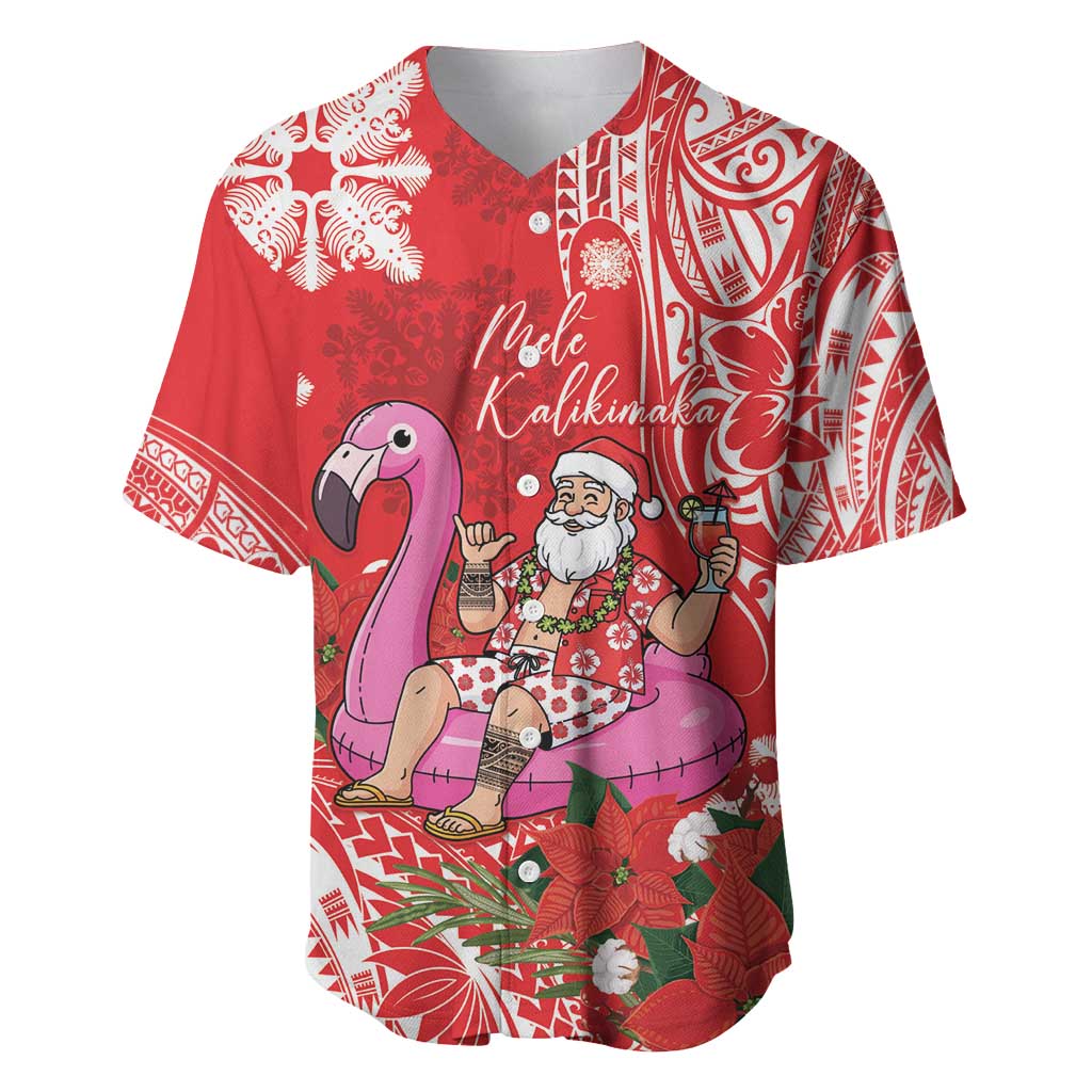 Personalized Hawaii Christmas Baseball Jersey Mele Kalikimaka Chilling Shaka Santa Flamingo LT14 Red - Polynesian Pride