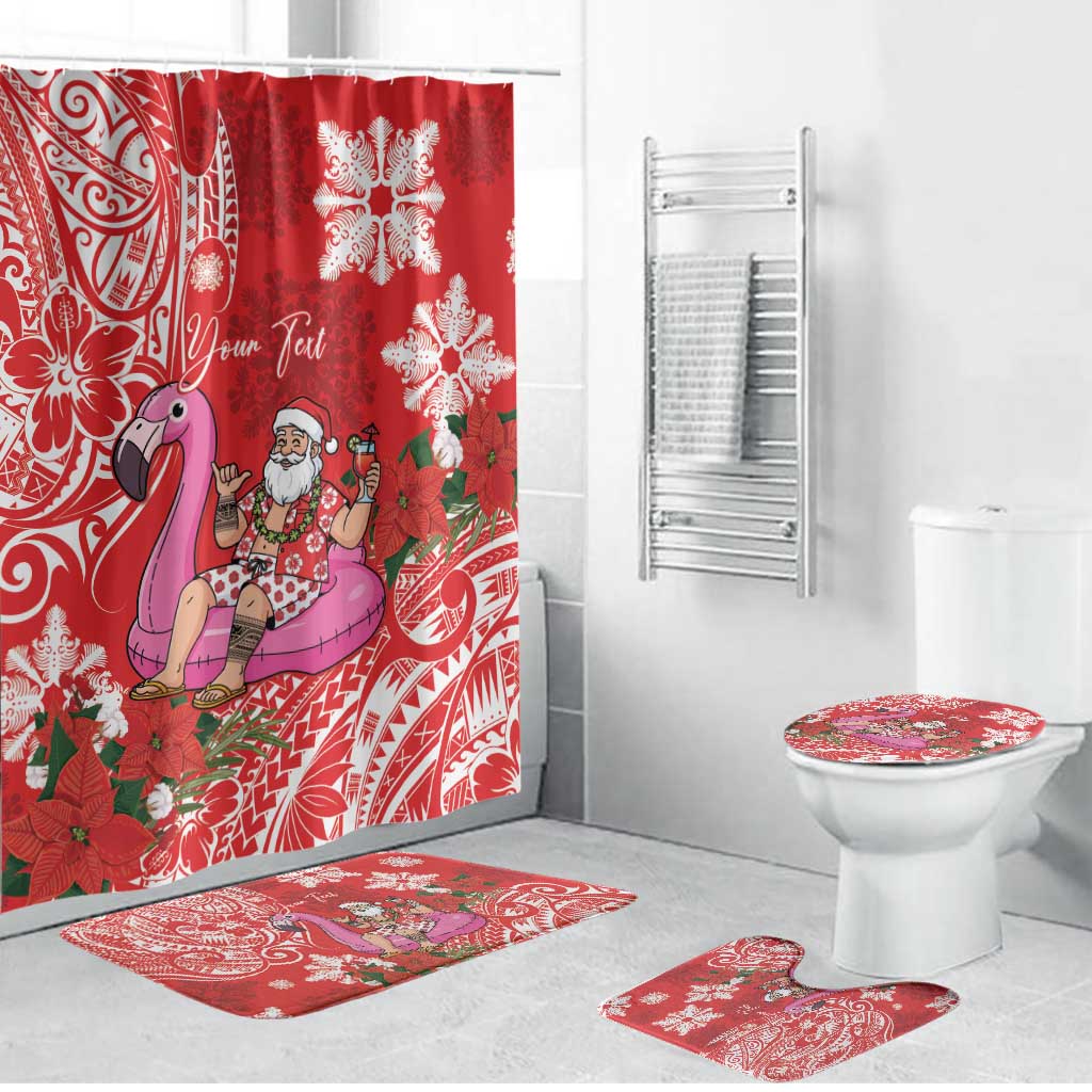 Personalized Hawaii Christmas Bathroom Set Mele Kalikimaka Chilling Shaka Santa Flamingo LT14 Bathroom Set (4 pcs) Red - Polynesian Pride