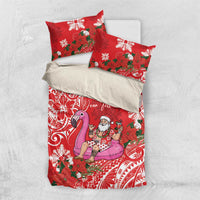 Personalized Hawaii Christmas Bedding Set Mele Kalikimaka Chilling Shaka Santa Flamingo LT14 US Twin 172cm x 218cm Red - Polynesian Pride