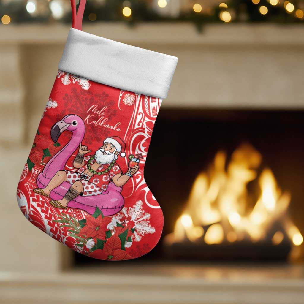 Personalized Hawaii Christmas Stocking Mele Kalikimaka Chilling Shaka Santa Flamingo LT14 Set of 2 Red - Polynesian Pride