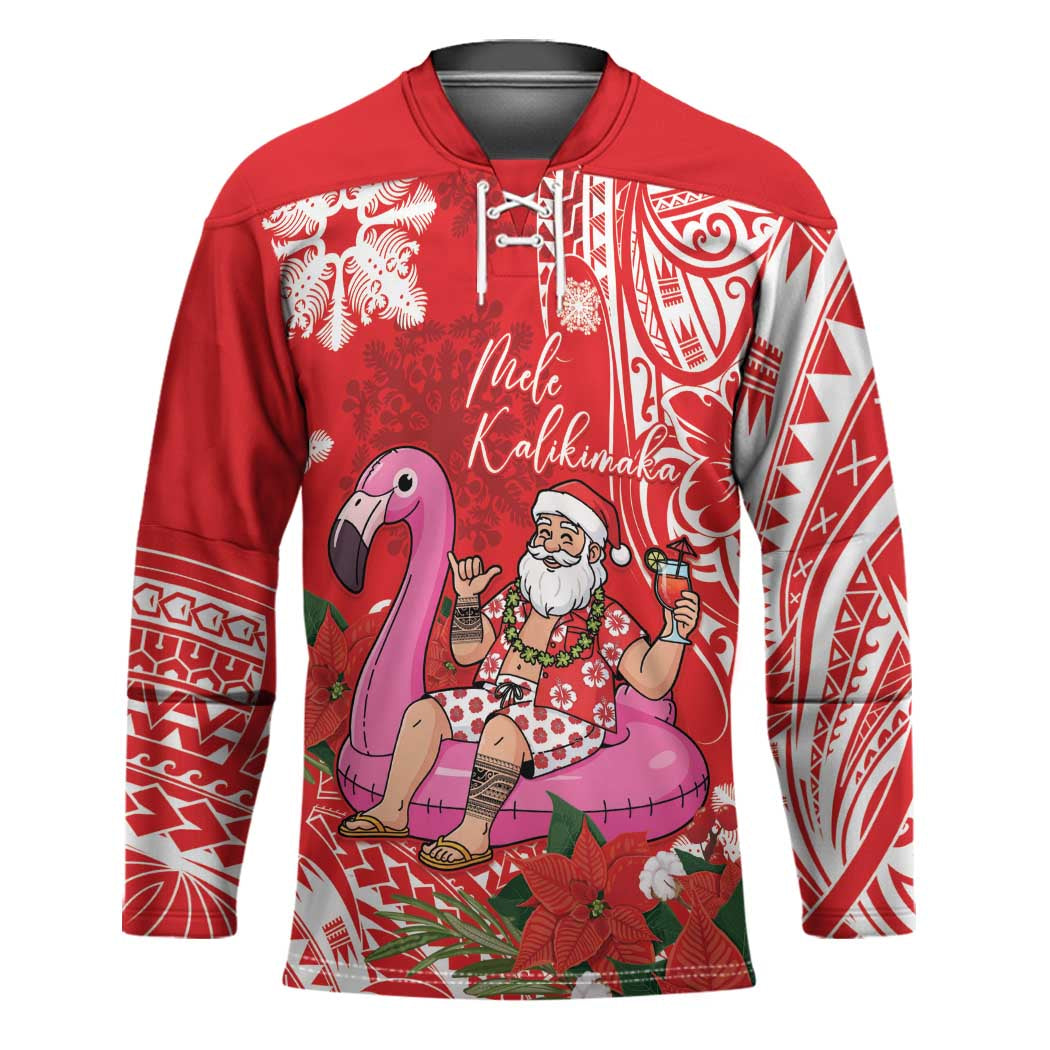 Personalized Hawaii Christmas Hockey Jersey Mele Kalikimaka Chilling Shaka Santa Flamingo LT14 Unisex Red - Polynesian Pride