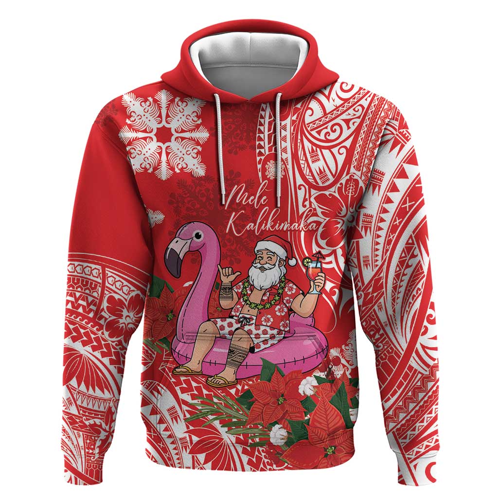 Personalized Hawaii Christmas Hoodie Mele Kalikimaka Chilling Shaka Santa Flamingo LT14 Pullover Hoodie Red - Polynesian Pride