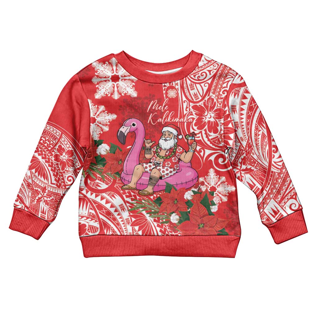 Personalized Hawaii Christmas Kid Ugly Christmas Sweater Mele Kalikimaka Chilling Shaka Santa Flamingo LT14 Kid Red - Polynesian Pride