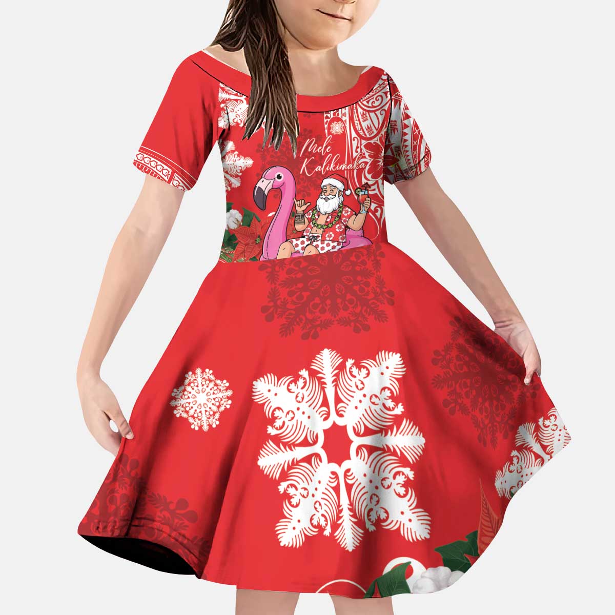 Personalized Hawaii Christmas Kid Short Sleeve Dress Mele Kalikimaka Chilling Shaka Santa Flamingo LT14 KID Red - Polynesian Pride