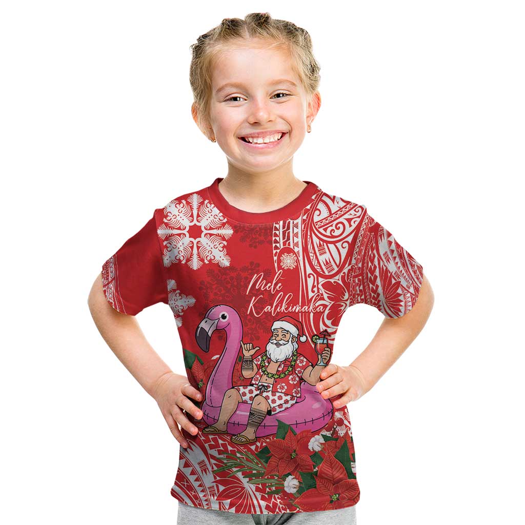 Personalized Hawaii Christmas Kid T Shirt Mele Kalikimaka Chilling Shaka Santa Flamingo LT14 Red - Polynesian Pride