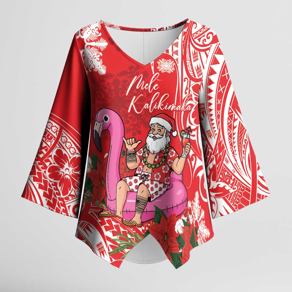 Personalized Hawaii Christmas Kimono Sleeve Blouse Mele Kalikimaka Chilling Shaka Santa Flamingo LT14 Female Red - Polynesian Pride
