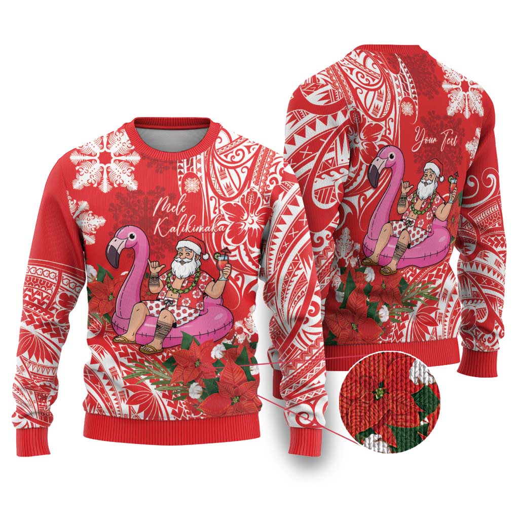 Personalized Hawaii Christmas Ugly Christmas Sweater Mele Kalikimaka Chilling Shaka Santa Flamingo LT14 Red - Polynesian Pride