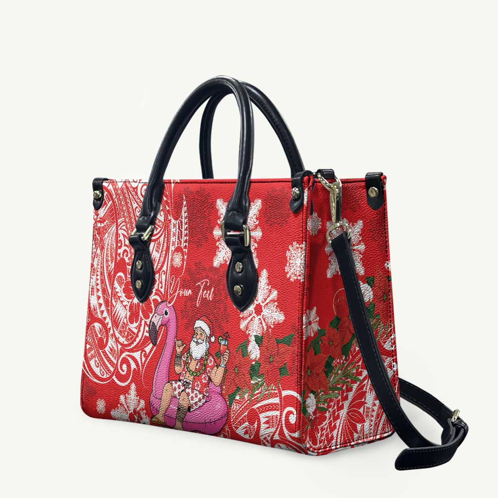 Personalized Hawaii Christmas Leather Bag Mele Kalikimaka Chilling Shaka Santa Flamingo LT14 Red - Polynesian Pride