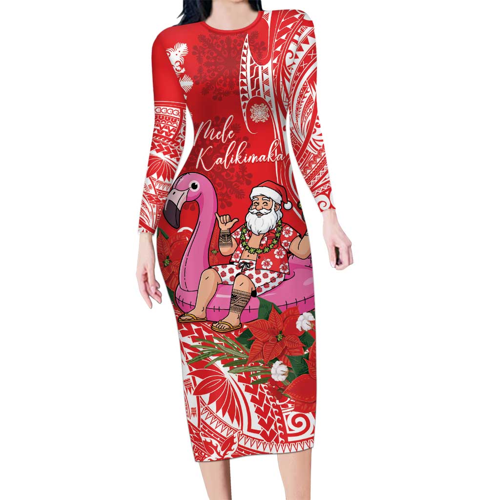 Personalized Hawaii Christmas Long Sleeve Bodycon Dress Mele Kalikimaka Chilling Shaka Santa Flamingo LT14 Long Dress Red - Polynesian Pride