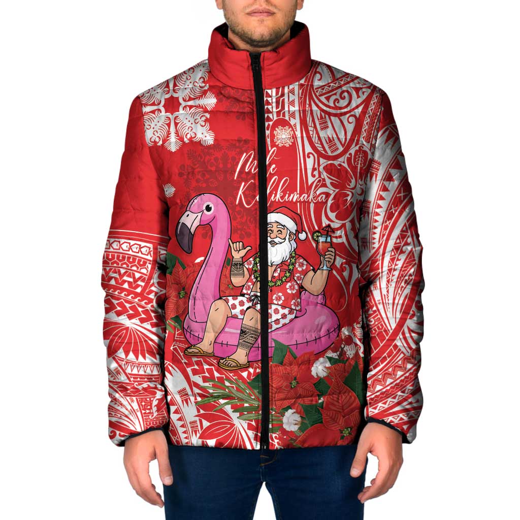 Personalized Hawaii Christmas Padded Jacket Mele Kalikimaka Chilling Shaka Santa Flamingo LT14 Men Red - Polynesian Pride
