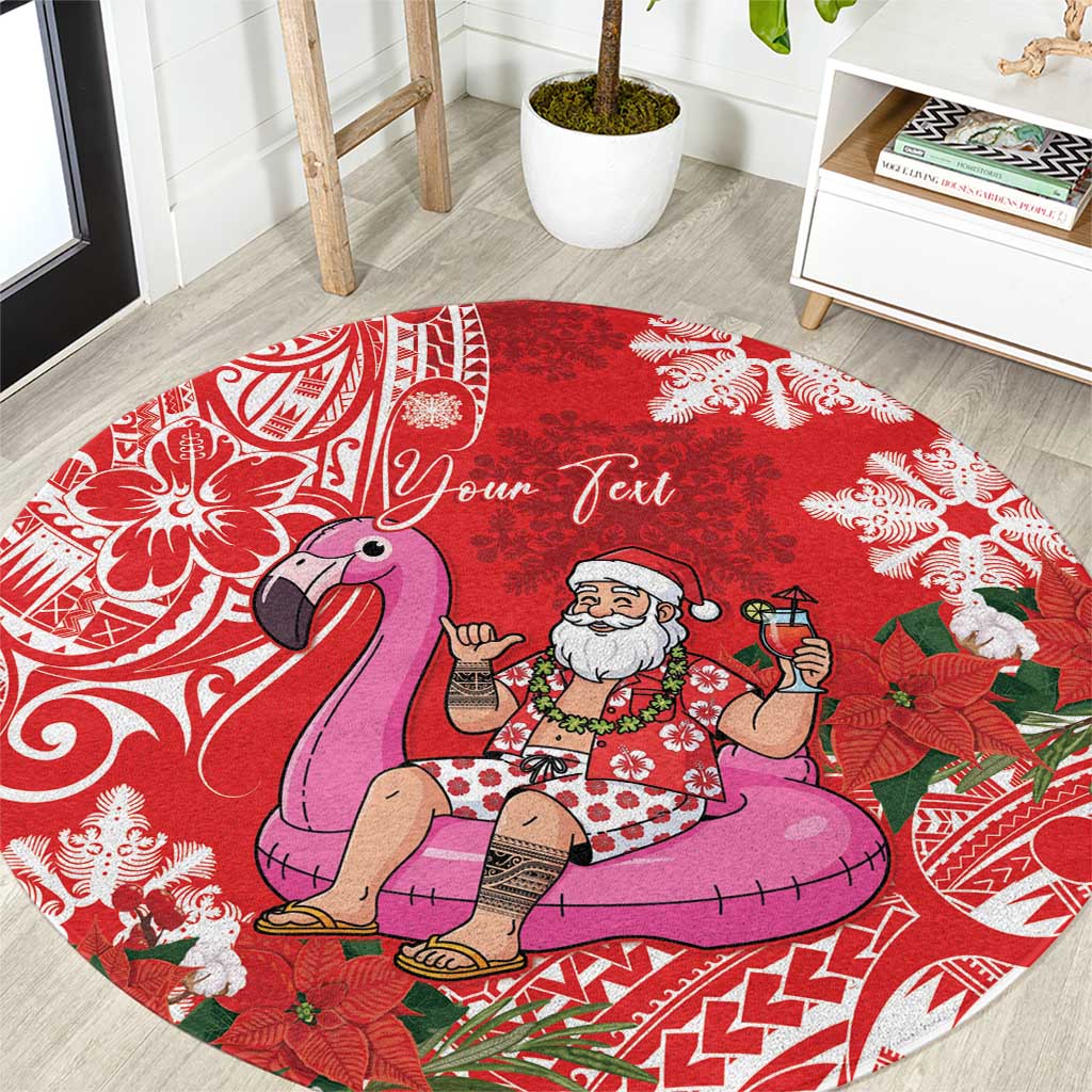 Personalized Hawaii Christmas Round Carpet Mele Kalikimaka Chilling Shaka Santa Flamingo LT14 Red - Polynesian Pride