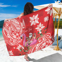 Personalized Hawaii Christmas Sarong Mele Kalikimaka Chilling Shaka Santa Flamingo LT14 One Size 44 x 66 inches Red - Polynesian Pride