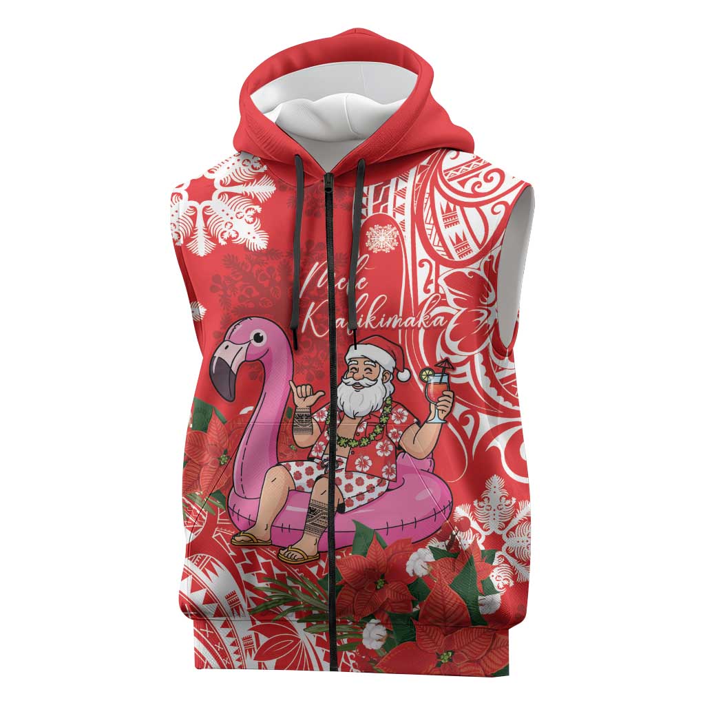 Personalized Hawaii Christmas Sleeveless Zip Hoodie Mele Kalikimaka Chilling Shaka Santa Flamingo LT14 Red - Polynesian Pride