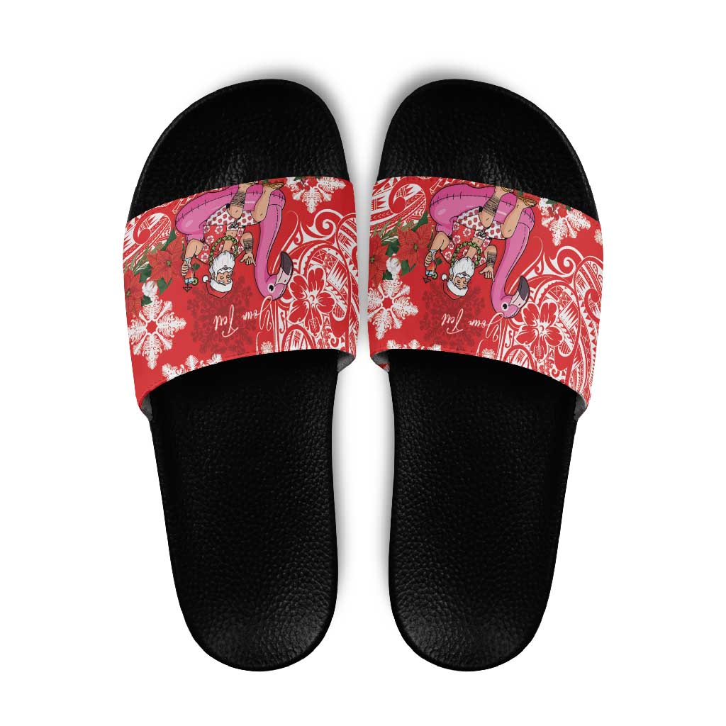 Personalized Hawaii Christmas Slide Sandals Mele Kalikimaka Chilling Shaka Santa Flamingo LT14 Red - Polynesian Pride