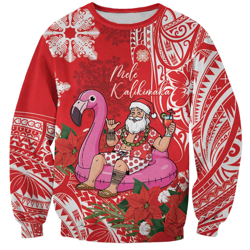 Personalized Hawaii Christmas Sweatshirt Mele Kalikimaka Chilling Shaka Santa Flamingo LT14 Unisex Red - Polynesian Pride