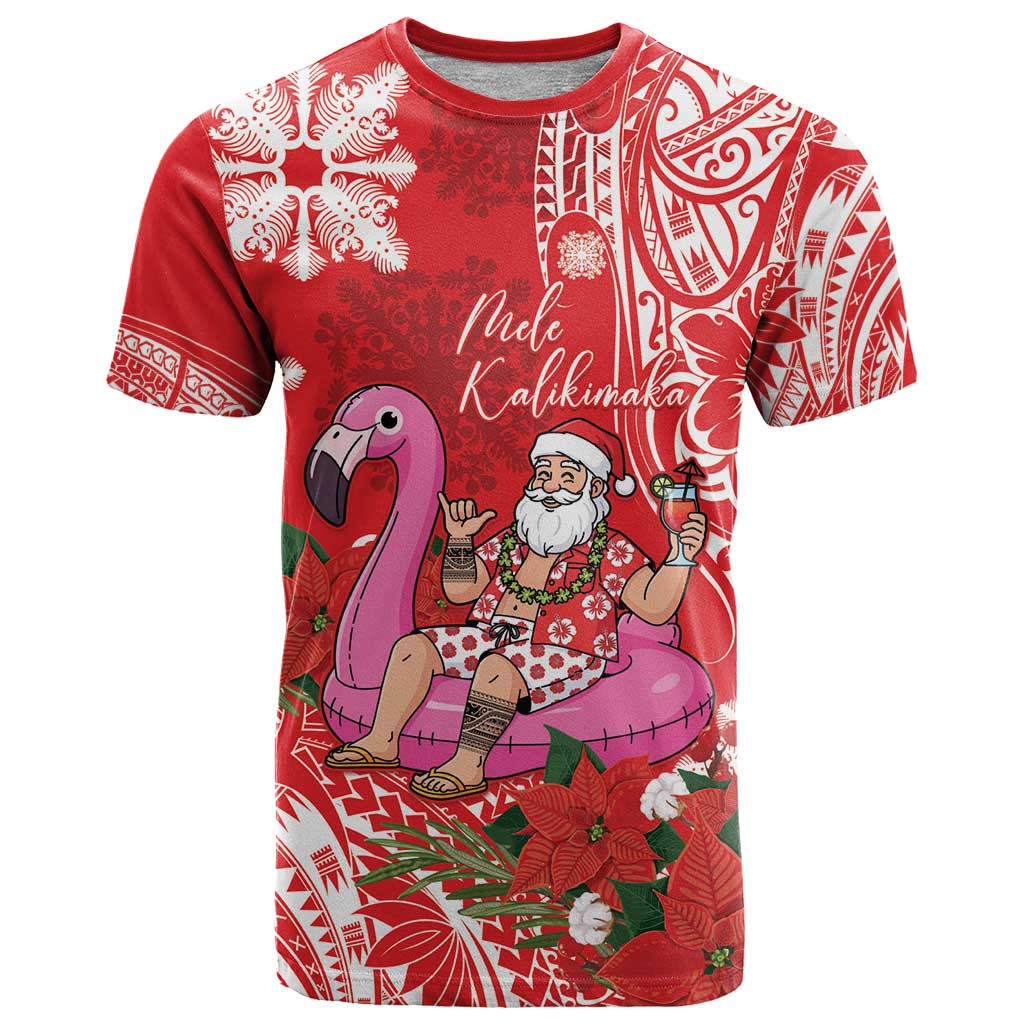 Personalized Hawaii Christmas T Shirt Mele Kalikimaka Chilling Shaka Santa Flamingo LT14 Red - Polynesian Pride
