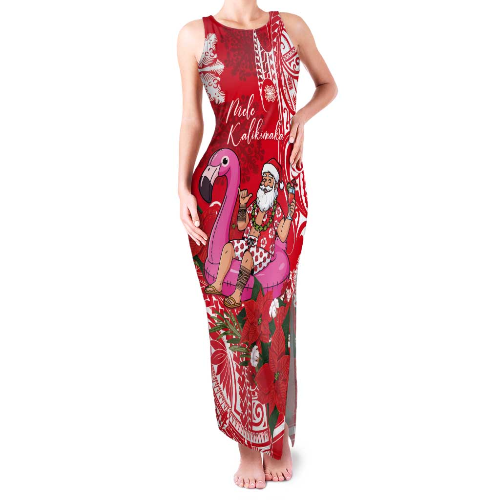 Personalized Hawaii Christmas Tank Maxi Dress Mele Kalikimaka Chilling Shaka Santa Flamingo LT14 Women Red - Polynesian Pride