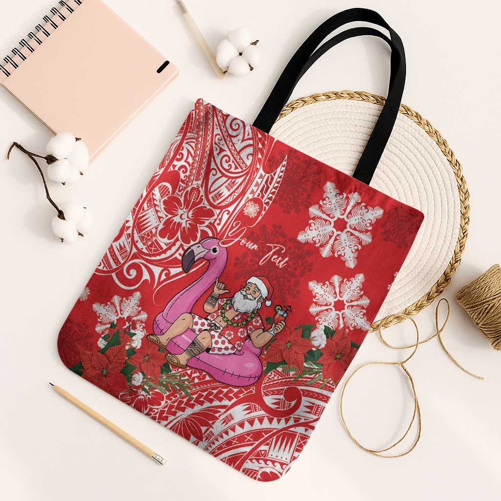 Personalized Hawaii Christmas Tote Bag Mele Kalikimaka Chilling Shaka Santa Flamingo LT14 Black Strap One Size Red - Polynesian Pride