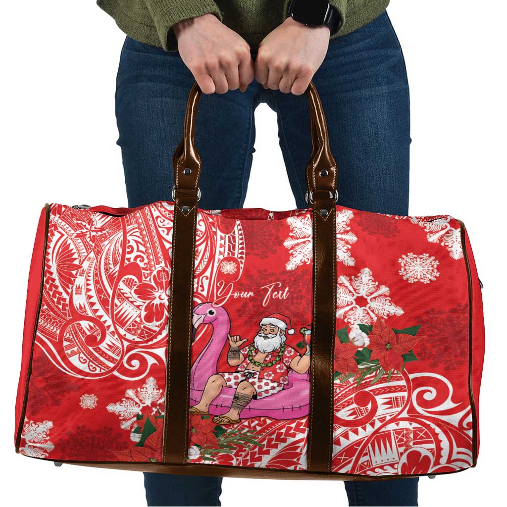 Personalized Hawaii Christmas Travel Bag Mele Kalikimaka Chilling Shaka Santa Flamingo LT14 Red - Polynesian Pride
