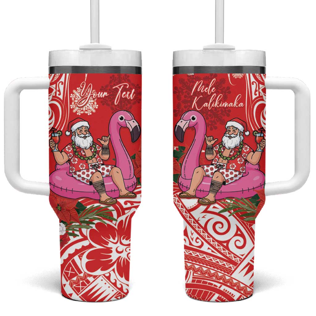 Personalized Hawaii Christmas Tumbler With Handle Mele Kalikimaka Chilling Shaka Santa Flamingo LT14 One Size: 40 oz Red - Polynesian Pride