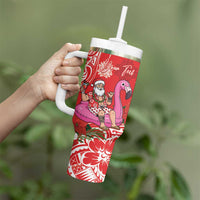 Personalized Hawaii Christmas Tumbler With Handle Mele Kalikimaka Chilling Shaka Santa Flamingo LT14 - Polynesian Pride