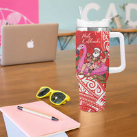 Personalized Hawaii Christmas Tumbler With Handle Mele Kalikimaka Chilling Shaka Santa Flamingo LT14 - Polynesian Pride