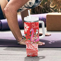 Personalized Hawaii Christmas Tumbler With Handle Mele Kalikimaka Chilling Shaka Santa Flamingo LT14 - Polynesian Pride