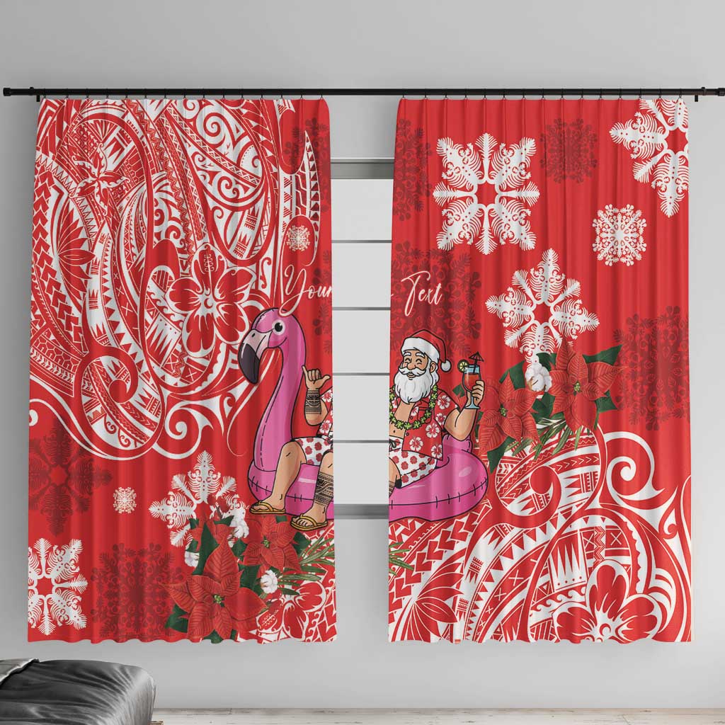 Personalized Hawaii Christmas Window Curtain Mele Kalikimaka Chilling Shaka Santa Flamingo LT14 With Hooks Red - Polynesian Pride
