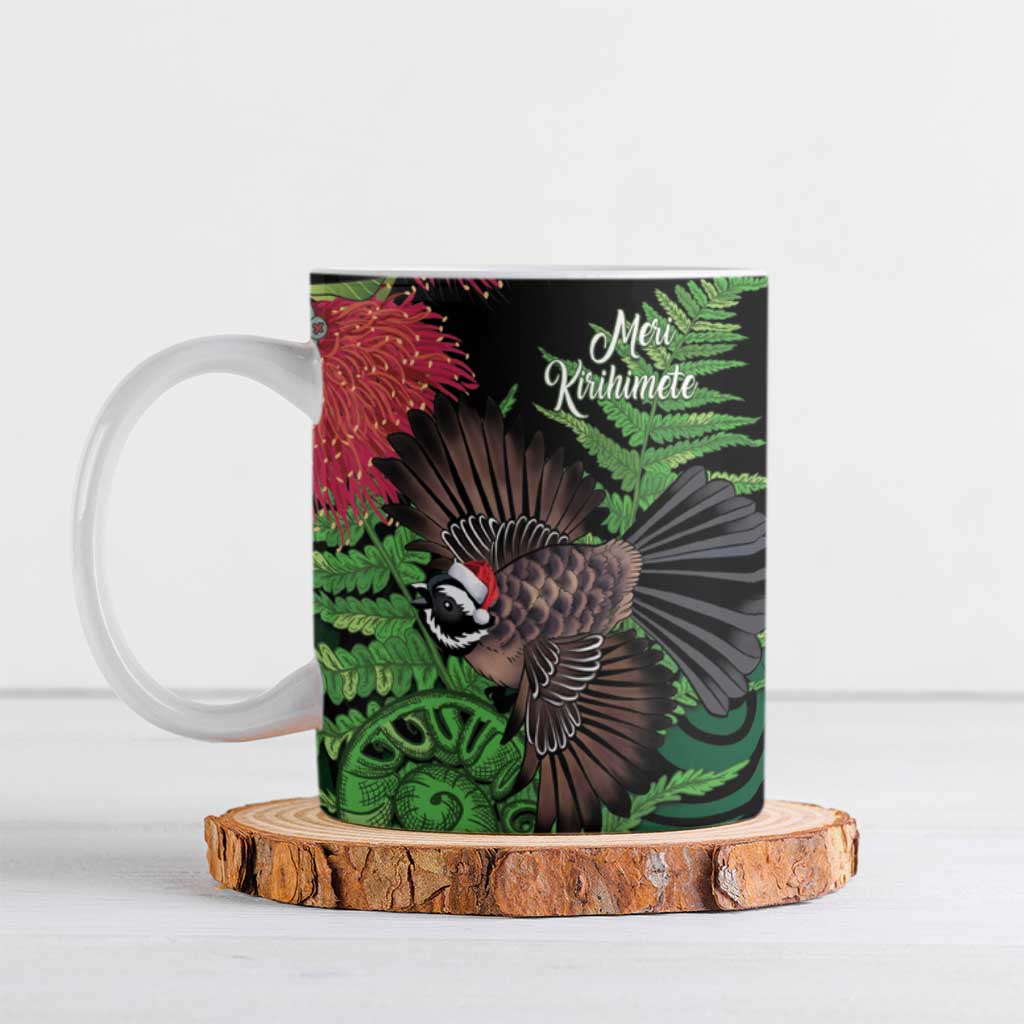 Meri Kirihimete New Zealand Ceramic Mug Piwakawaka Koru Fern Mix Pohutukawa LT14 Black - Polynesian Pride